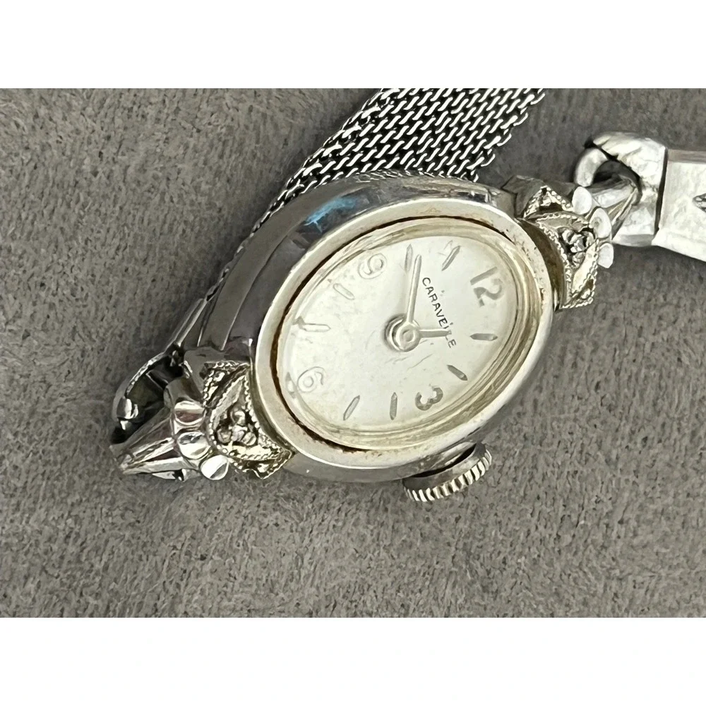 Vintage Caravelle Women Cocktail Watch‎ 10K RGP Bezel Stainless Steel Mesh Band